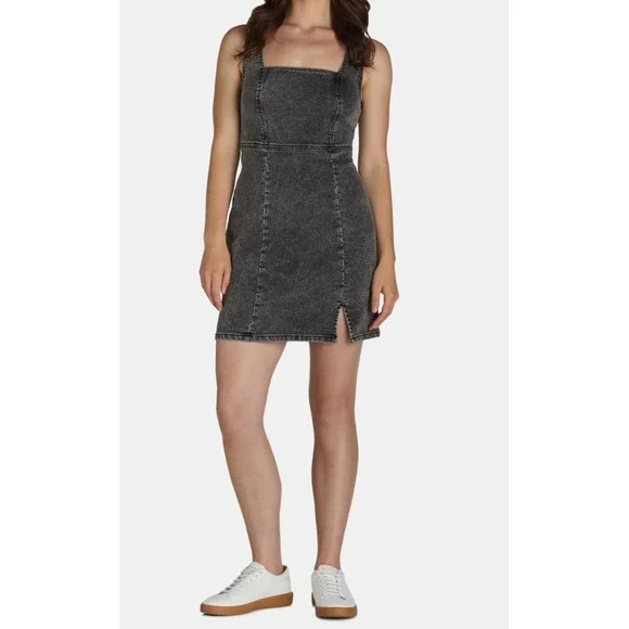 No Boundaries Womens Dress Size S Grey Wash Denim Square Neck Pinafore Mini - Picture 2 of 7